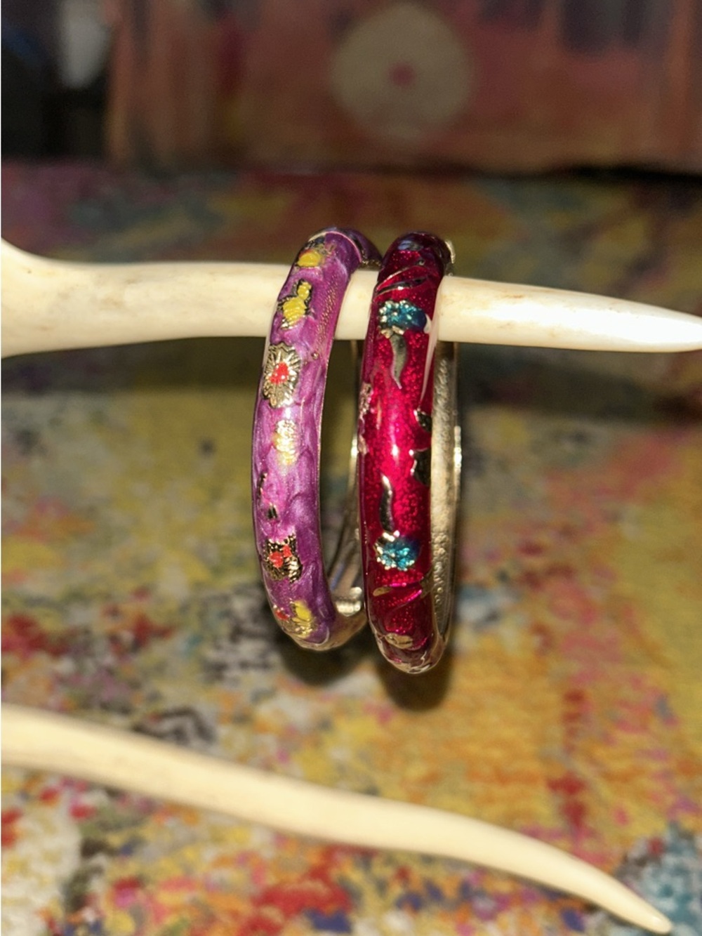 Chinese Enamel bangle bracelets - red and purple